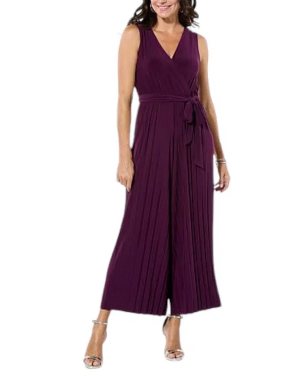 Nina Leonard Sleeveless V-Neck Wide-Leg Jumpsuit in Plum